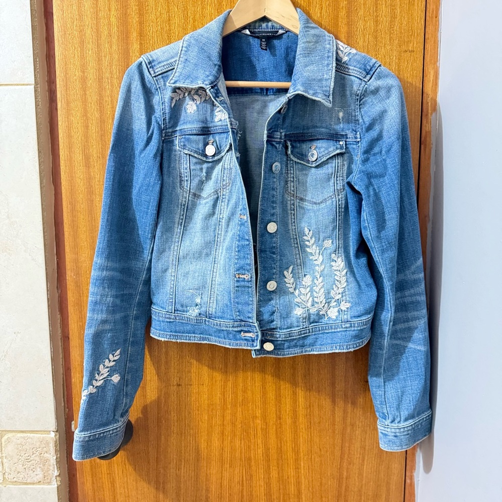 WHBM Women's Blue Denim Jacket with Embroidered Details